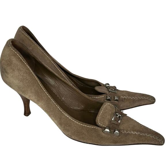 Prada Suede Whipstitch Trim Pumps Pointed Toe Studded Light Brown Tan Size 9 - Picture 1 of 9
